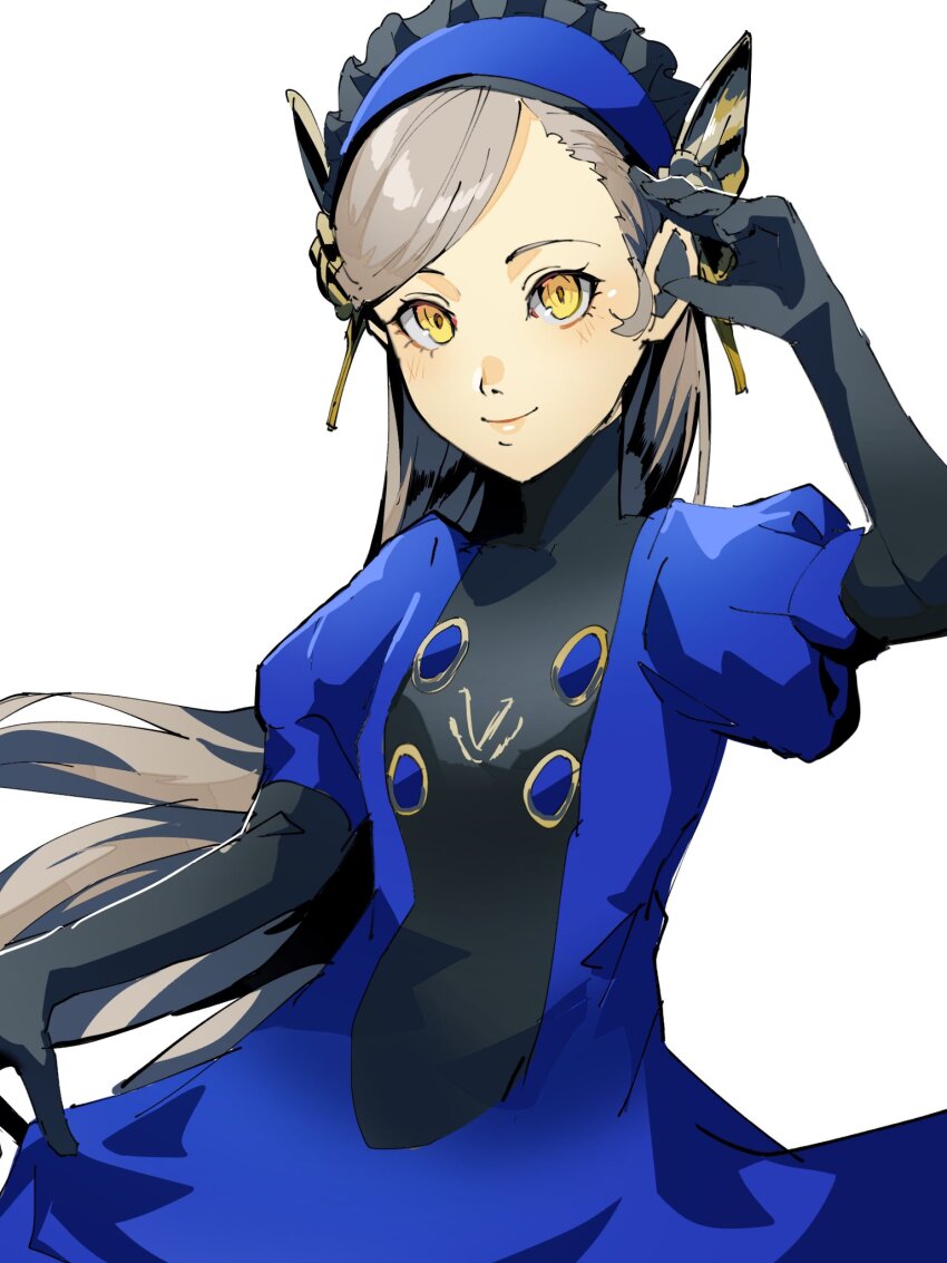 1girl, 4me3ba_niku, blue_dress, blue_hairband, butterfly_hair_ornament, closed_mouth, clothes_lift, dress