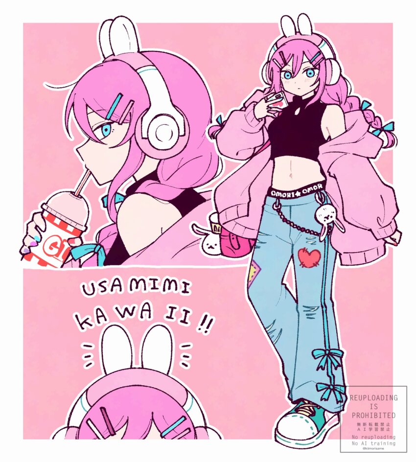 1girl, alternate_hairstyle, animal_ear_headphones, animal_ears, aubrey_(birthday)_(omori), aubrey_(faraway)_(omori), aubrey_(omori), blue_eyes