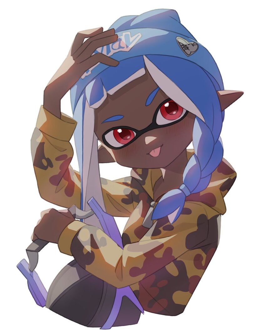 1girl, :p, beanie, blue_hair, blue_hat, braid, commentary, dark-skinned_female