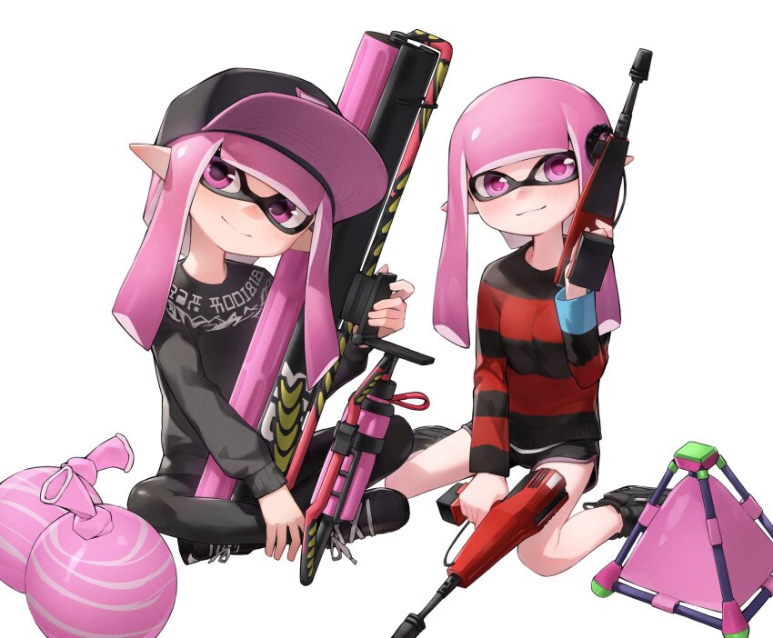 2girls, baseball_cap, black_hat, burst_bomb_(splatoon), carbon_roller_(splatoon), closed_mouth, commentary, dual_wielding