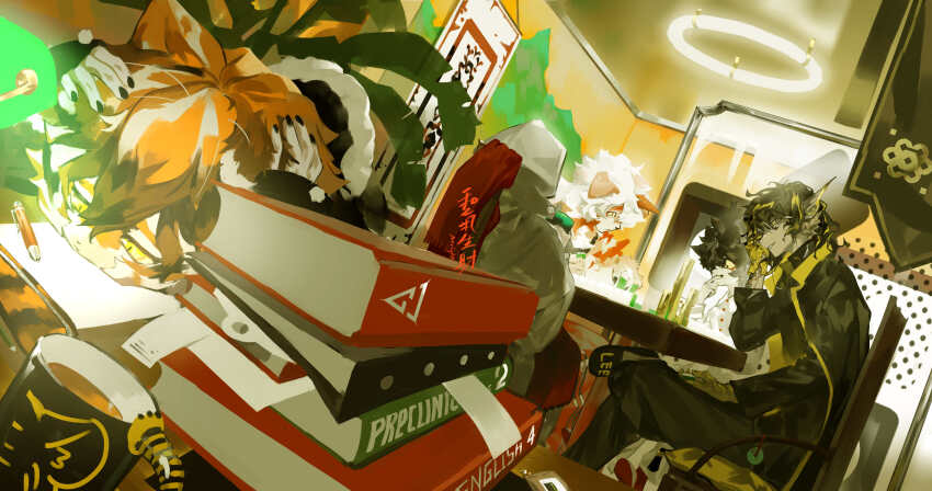 1girl, 1other, 3boys, aak_(arknights), absurdres, arknights, black_coat, black_nails