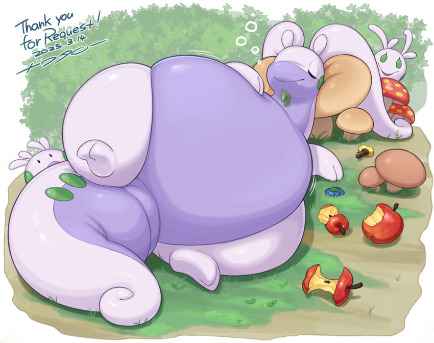 apple, big_belly, blush, closed_eyes, closed_mouth, commission, dated, dragon, fat, food, fruit, full_body, gen_6_pokemon, gomuhimo_(nawataro), goodra, goomy, grass, leftovers_(pokemon), lying, mushroom, nintendo, no_humans, outdoors, pixiv_commission, pokemon, pokemon_(creature), signature, skeb_commission, sleeping, sliggoo, thick_thighs, thighs