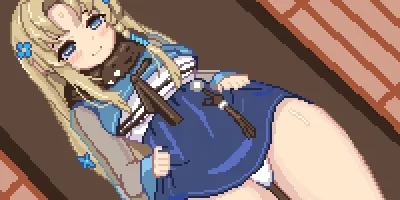 bad_source, blonde_hair, blony_(mabinogi), blue_eyes, blue_hair, clothes_pull, eung-eung, flashing, korean_clothes, long_hair, looking_down, lowres, mabinogi, naughty_face, panties, pixel_art, skirt, skirt_pull, underwear, white_panties