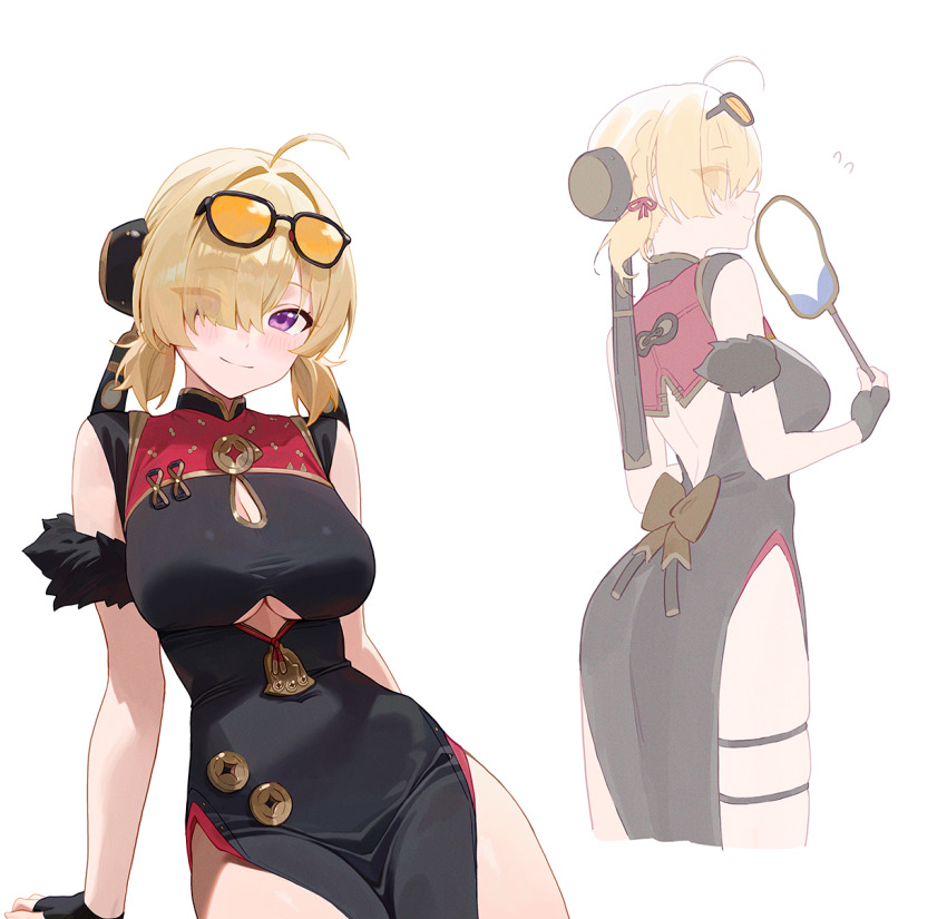 1girl, black-framed_eyewear, black_dress, blonde_hair, breasts, china_dress, chinese_clothes, closed_mouth