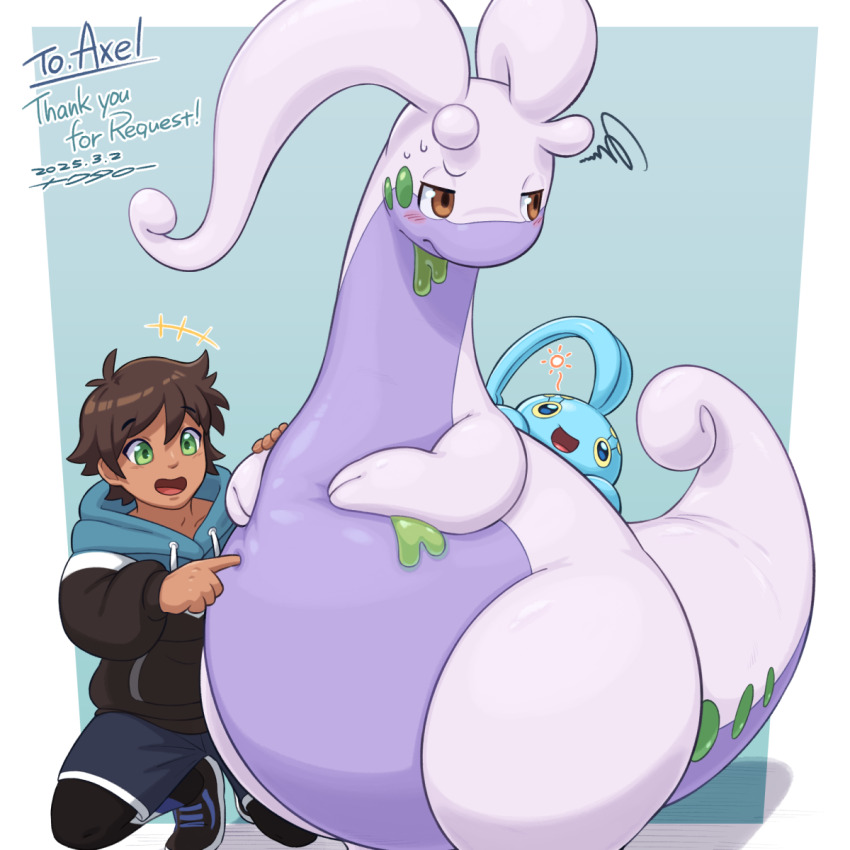 1boy, aqua_background, axel_(poke789), black_hoodie, black_shoes, blue_skin, blush, brown_eyes, brown_hair, closed_mouth, colored_skin, commentary, commission, dark-skinned_male, dark_skin, english_commentary, english_text, fat, gen_4_pokemon, gen_6_pokemon, gomuhimo_(nawataro), goodra, green_eyes, hair_between_eyes, highres, hood, hoodie, jitome, large_tail, legendary_pokemon, manaphy, multicolored_skin, mythical_pokemon, nintendo, open_mouth, pointing, pokemon, pokemon_(creature), purple_skin, shadow, shoes, short_hair, skeb_commission, sneakers, squiggle, tail, thick_thighs, thighs, two-tone_skin