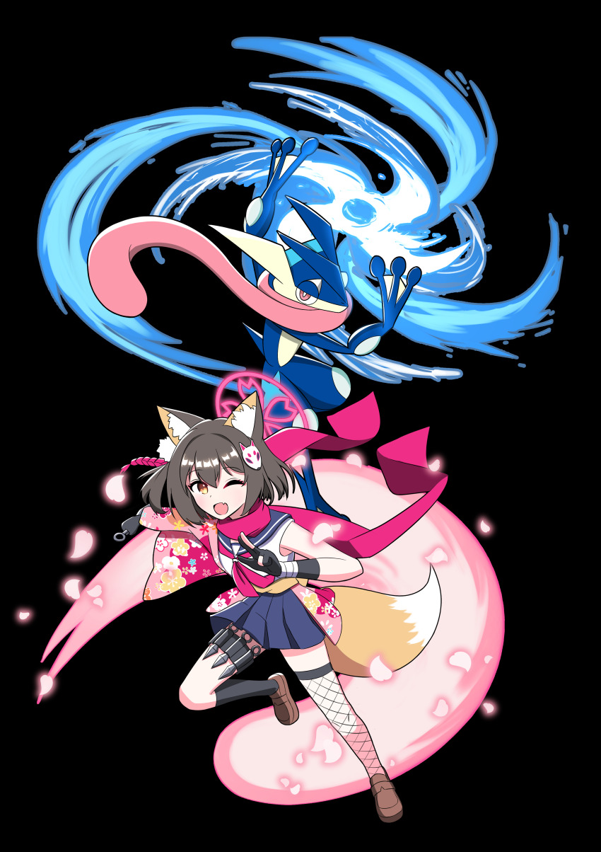 1girl, 1other, absurdres, alice_picaro, animal_ears, asymmetrical_clothes, asymmetrical_legwear, blue_archive, brown_hair, cherry_blossoms, crossover, dynamic_pose, fox_ears, fox_girl, fox_tail, full_body, gen_6_pokemon, greninja, halo, highres, izuna_(blue_archive), kunai, nintendo, one_eye_closed, pink_sailor_collar, pink_scarf, pleated_skirt, pokemon, pokemon_(creature), powering_up, sailor_collar, scarf, short_hair, shuriken, skirt, tail, water_shuriken_(pokemon), weapon
