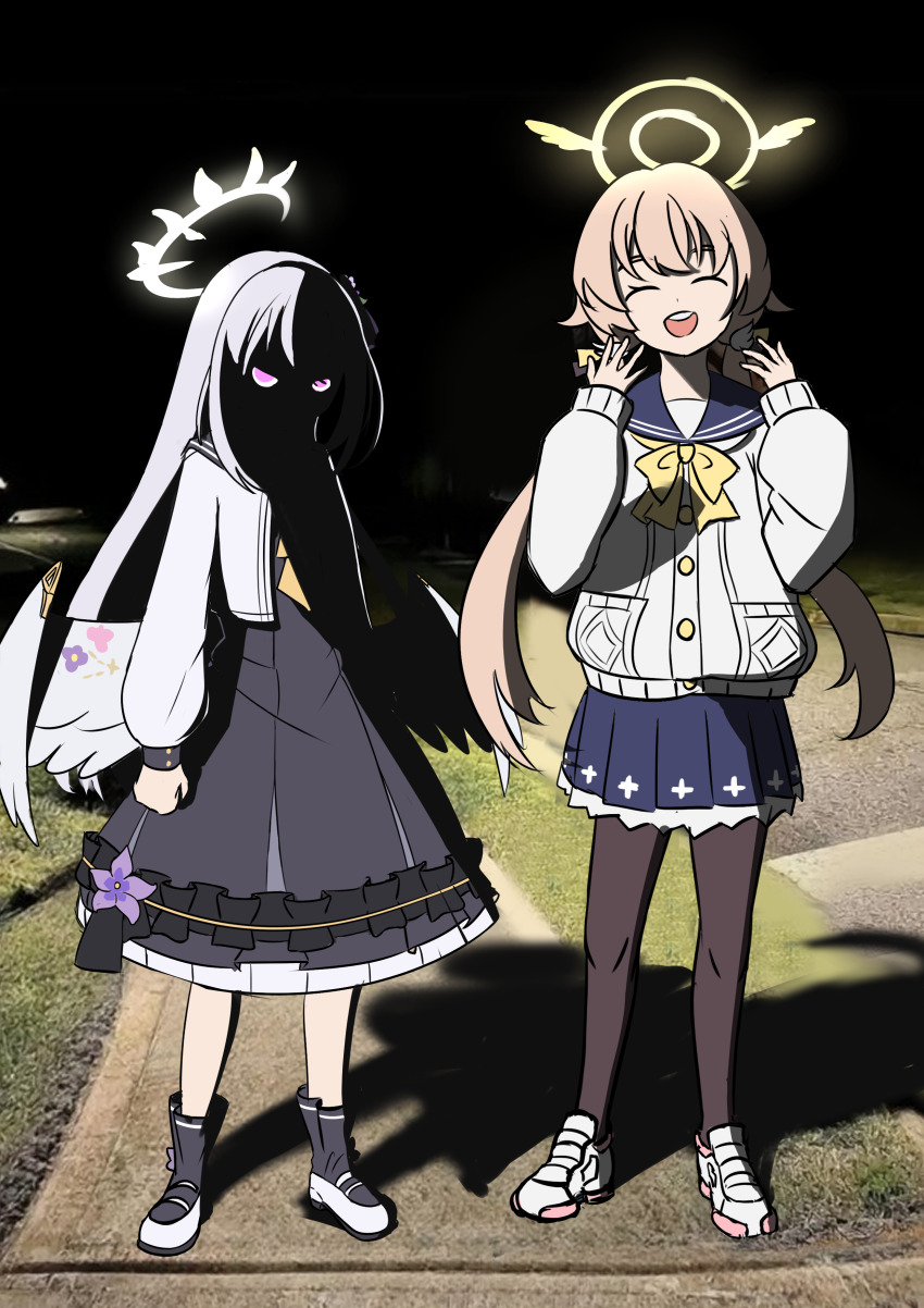 2girls, absurdres, alice_picaro, angel_wings, azusa_(blue_archive), black_pantyhose, black_sky, blue_archive, closed_eyes, face_in_shadow, full_body, glaring, halo, hifumi_(blue_archive), highres, looking_at_viewer, meme, multiple_girls, night, outdoors, pantyhose, partially_shaded_face, photo_background, shaded_face, shoes, sidewalk, skirt, sky, smile, standing, twintails, white_hair, why_dis_ninja_look_so_mad_(meme), wings