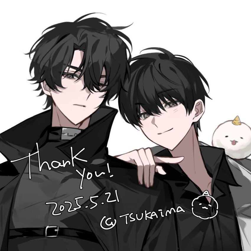 2boys, black_coat, black_eyes, black_hair, black_jacket, black_skirt, coat, collared_shirt
