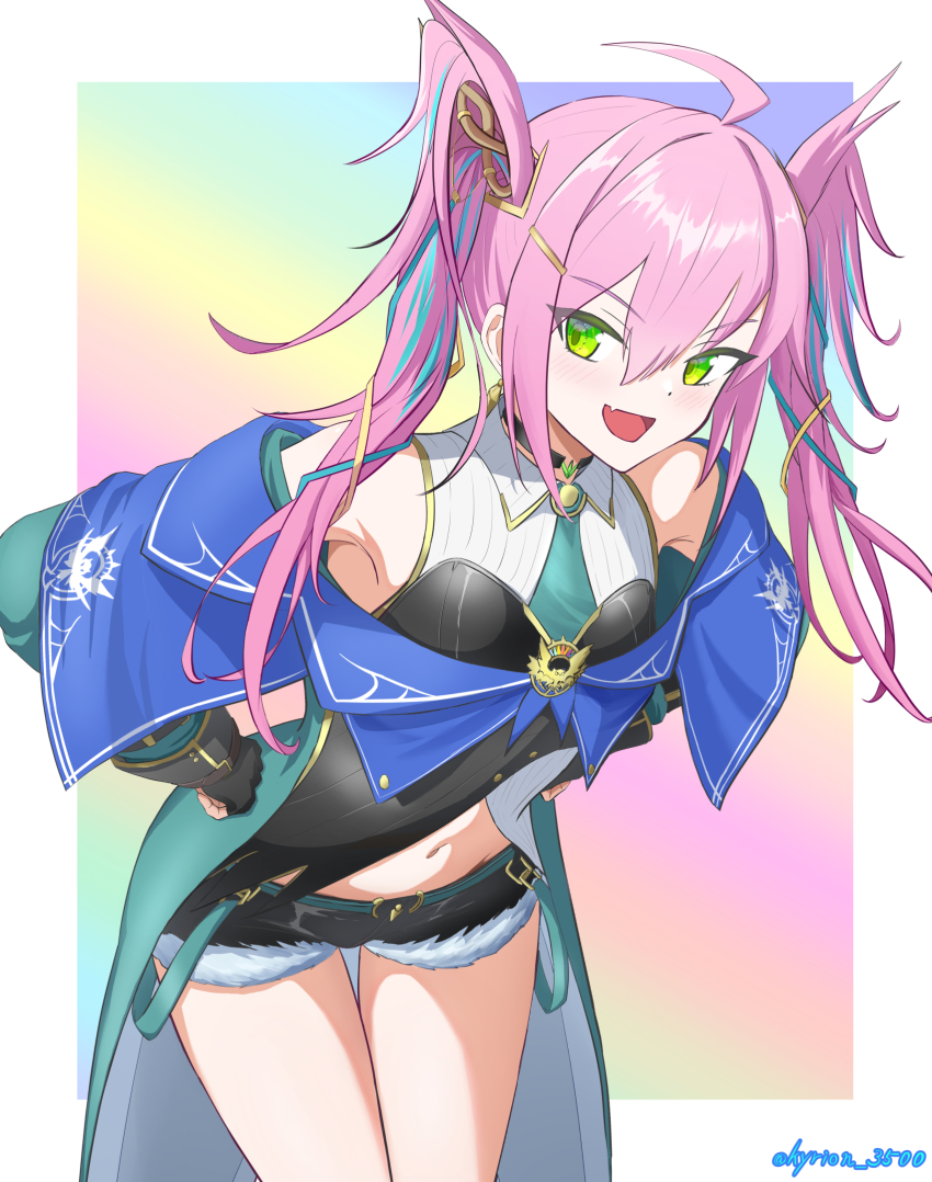 1girl, ahoge, artmage_litera, black_shirt, black_shorts, coat, cowboy_shot, fur-trimmed_shorts