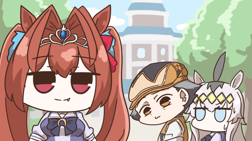 1boy, 2girls, absurdres, ahoge, animal_ears, blue_eyes, blue_gem, bow, bowtie, brown_hair, chibi, chibi_only, commentary, daiwa_scarlet_(umamusume), distracted_boyfriend_(meme), ear_ornament, fang, fang_out, forgemod1oader, gem, grey_hair, hair_between_eyes, hair_bow, hair_intakes, hairband, hat, head_tilt, highres, horse_ears, horse_girl, jitome, kitahara_jou, korean_commentary, long_hair, meme, multicolored_hair, multiple_girls, newsboy_cap, no_mouth, oguri_cap_(umamusume), orange_eyes, orange_hat, outdoors, pac-man_eyes, purple_bow, purple_bowtie, purple_shirt, red_bow, red_eyes, sailor_collar, sailor_shirt, school_uniform, shirt, short_sleeves, summer_uniform, sweatdrop, tiara, tracen_school_uniform, tree, turning_head, twintails, two-tone_hair, umamusume, umamusume:_cinderella_gray, white_sailor_collar, yellow_hairband