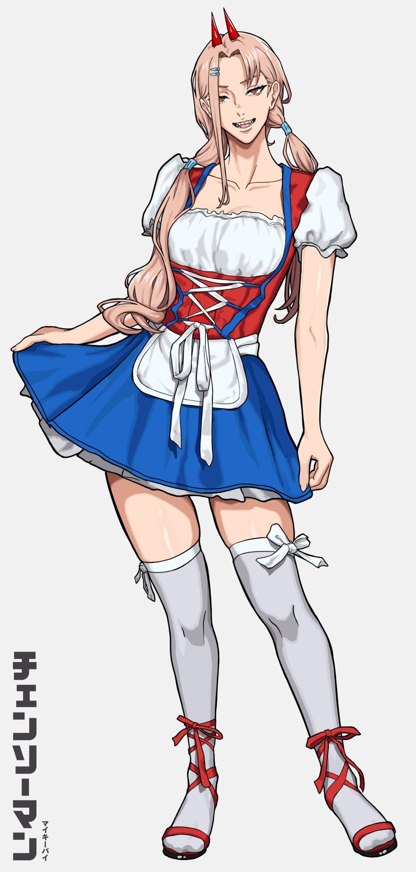 1girl, absurdres, blonde_hair, chainsaw_man, clothes_lift, collarbone, commentary, demon_girl, demon_horns, dress, dutch_clothes, english_commentary, fangs, frilled_dress, frills, full_body, head_tilt, highres, horns, long_hair, looking_at_viewer, mikey_pie, parted_bangs, power_(chainsaw_man), red_horns, short_dress, simple_background, solo, thighhighs, translation_request, twintails, white_background, white_thighhighs, zettai_ryouiki