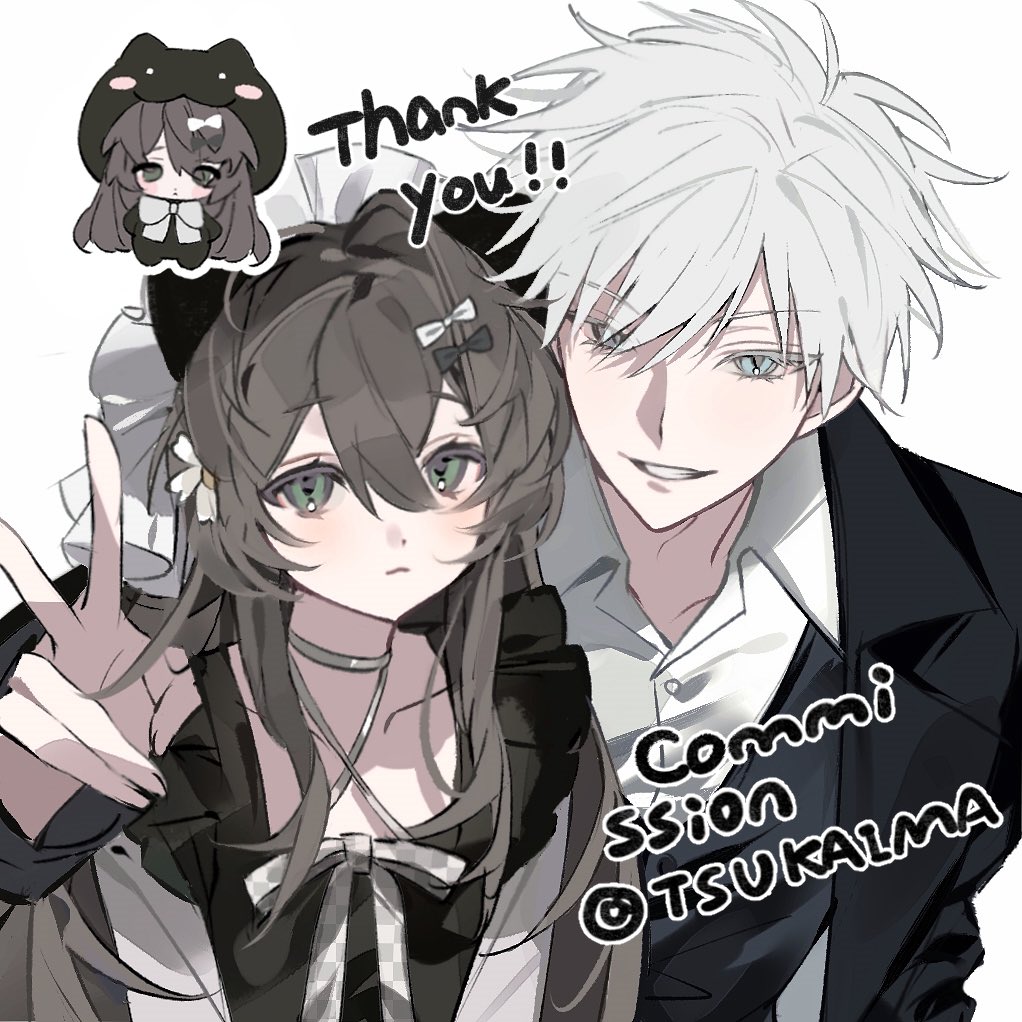 1boy, 1girl, animal_ears, black_dress, blue_eyes, blush, bow, brown_hair