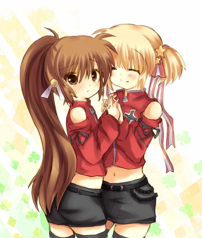 blonde_hair, brown_eyes, brown_hair, cosplay, closed_eyes, highres, holding_hands, kamikita_komari, little_busters!, long_hair, natsume_rin, saigusa_haruka_(cosplay), short_hair, suzunone_rena, thighhighs