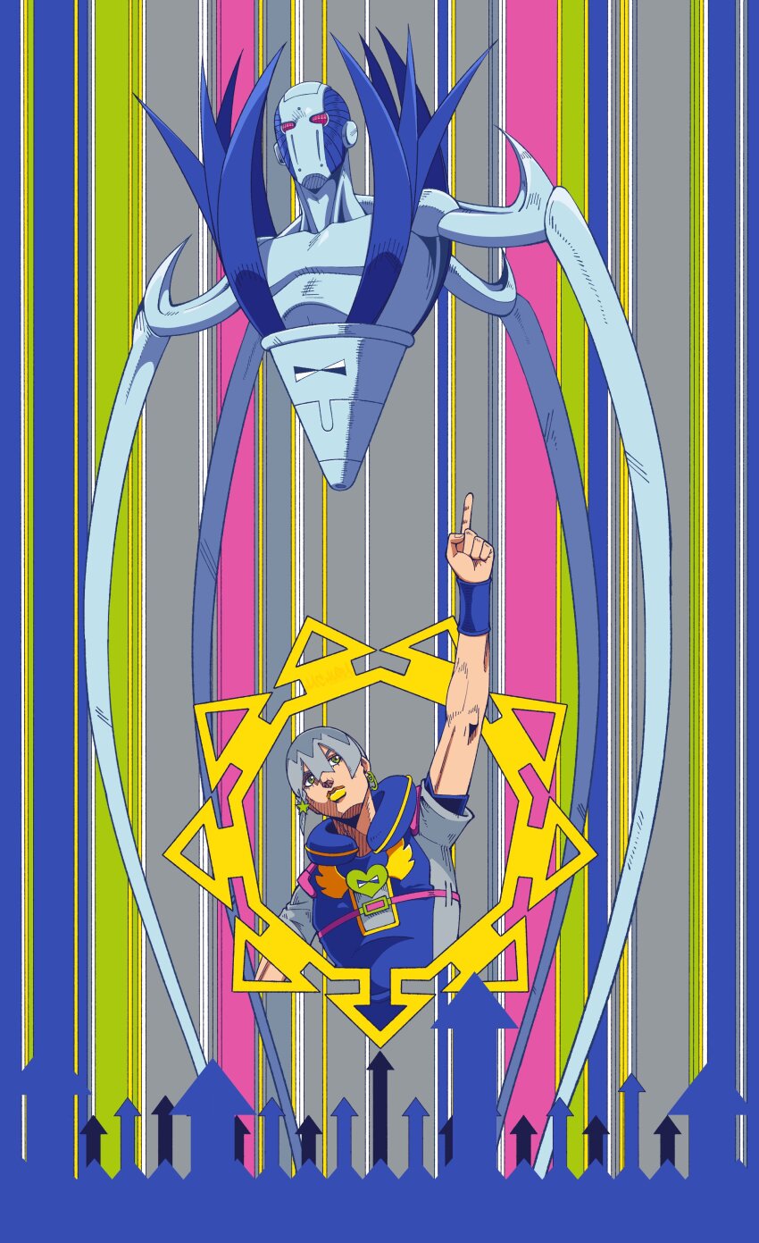 1boy, 1other, absurdres, araki_hirohiko_(style), arm_up, arrow_(symbol), belt, blue_jumpsuit