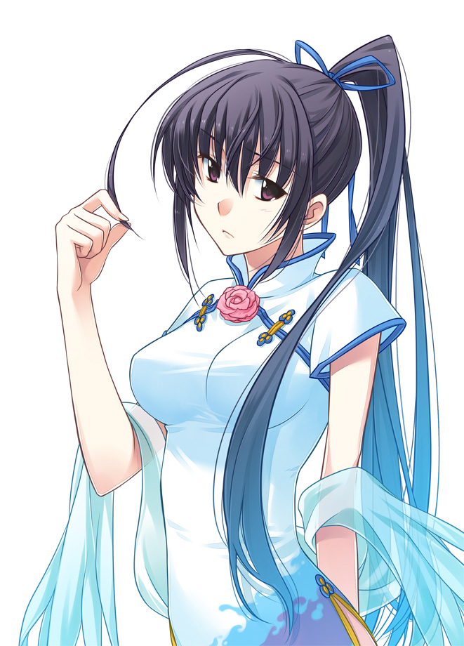 1girl, akanegasaki_sora, akanegasaki_sora_(cosplay), antenna_hair, black_hair, breasts, china_dress, chinese_clothes, cosplay, dress, ever_17, female_focus, komachi_tsugumi, long_hair, ponytail, purple_eyes, solo, source_request, takigawa_yuu