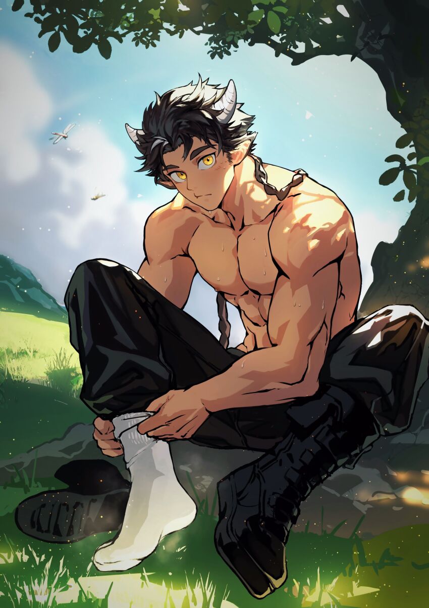 1boy, abs, absurdres, arknights, bara, black_boots, boots, braid