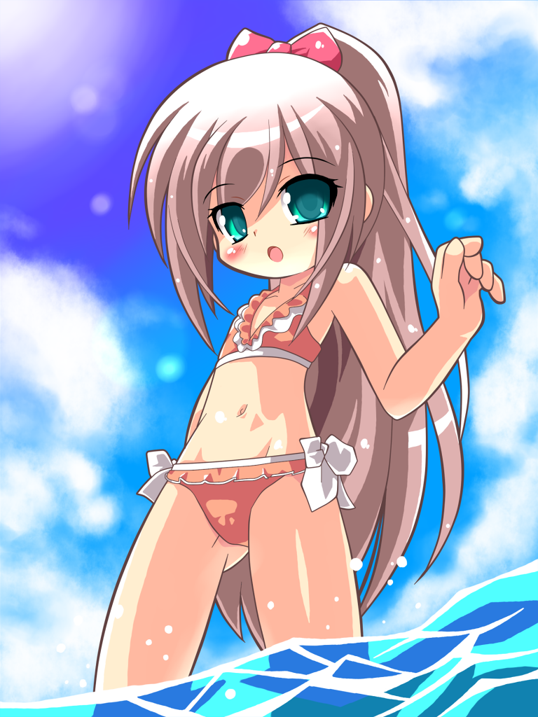 bikini, brown_hair, flat_chest, green_eyes, long_hair, miokuri, ponytail, shirakane_hiyori