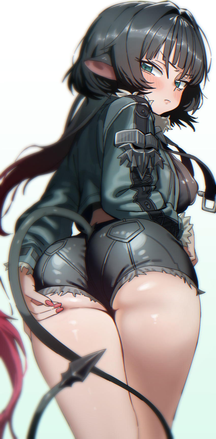 1girl, animal_ears, ass, black_hair, black_jacket, black_shorts, blue_eyes, blurry