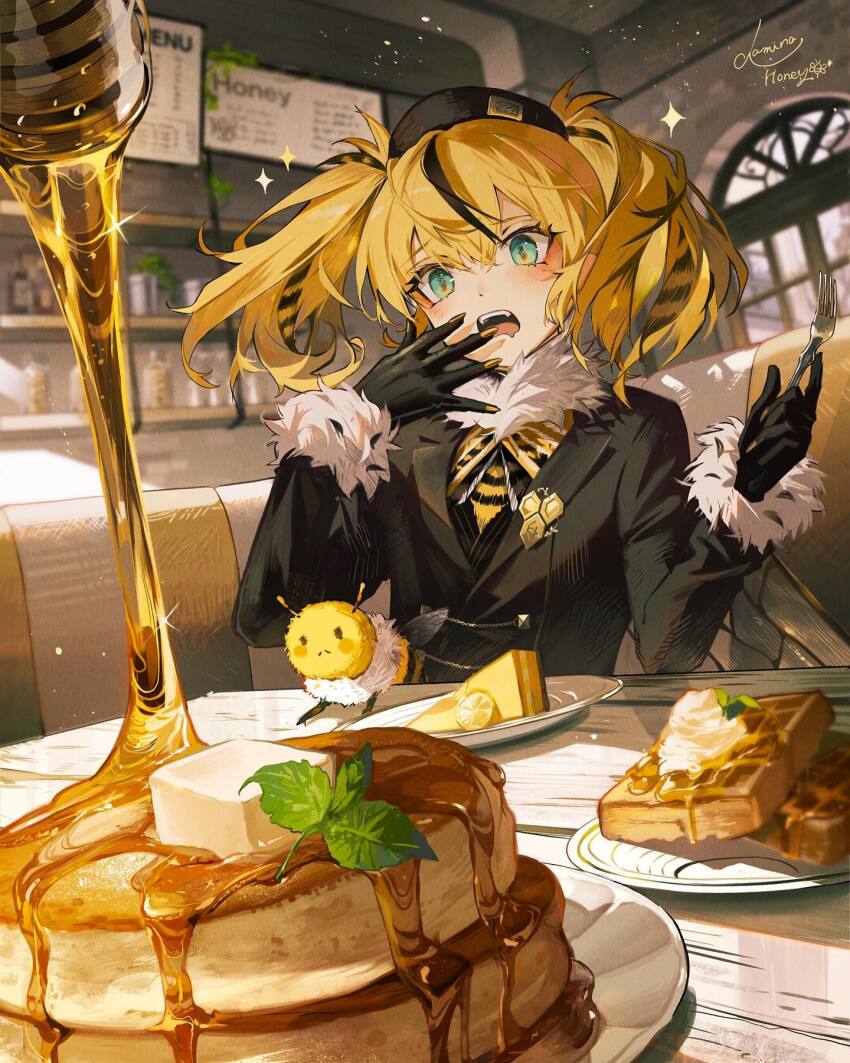 1girl, arthropod_girl, bee, bee_girl, black_gloves, black_hair, black_hat, black_jacket