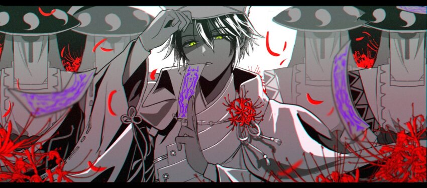 1boy, 4others, between_fingers, commentary_request, covered_face, flower, green_eyes, greyscale