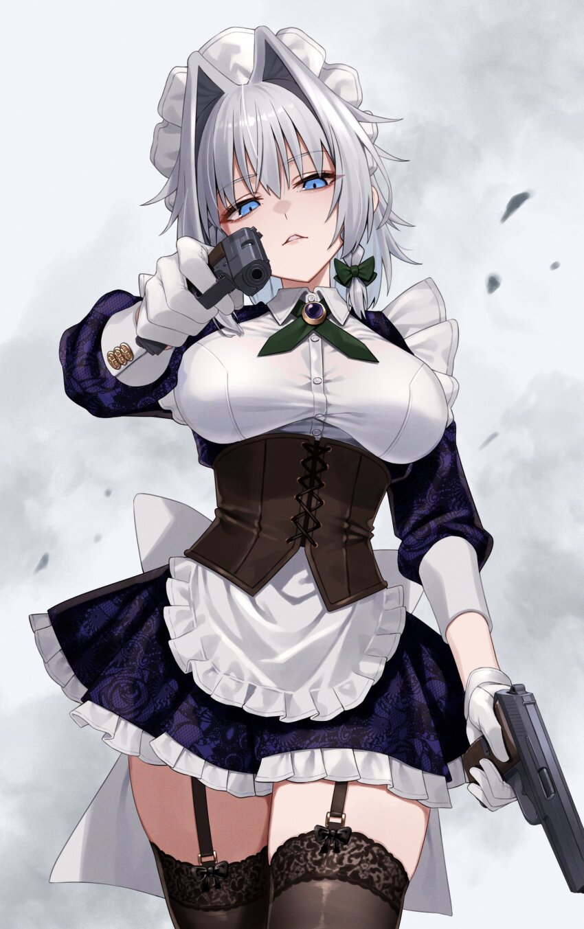 1girl, aiming, aiming_at_viewer, apron, back_bow, black_thighhighs, blue_dress, blue_eyes, bow, braid, breasts, brown_corset, collared_shirt, commentary_request, corset, cowboy_shot, cz_52, dress, dual_wielding, garter_straps, gloves, green_bow, green_ribbon, greenkohgen, grey_hair, gun, hair_bow, hair_intakes, handgun, highres, holding, holding_gun, holding_weapon, izayoi_sakuya, large_breasts, long_sleeves, looking_at_viewer, maid_headdress, medium_hair, neck_ribbon, parted_lips, ribbon, shirt, side_braids, solo, thighhighs, touhou, waist_apron, weapon, white_apron, white_bow, white_gloves, white_shirt