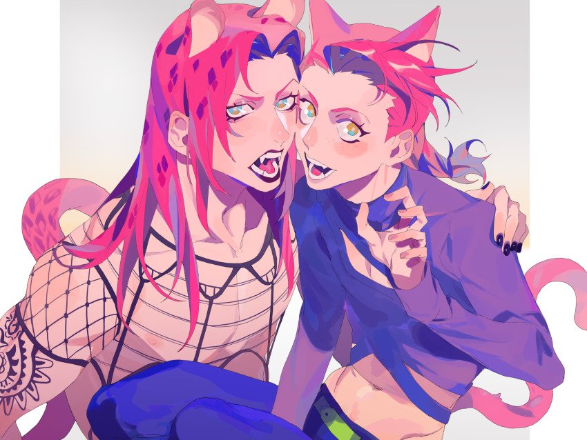 2boys, animal_ears, belt, black_lips, black_nails, blue_pants, blush, braid