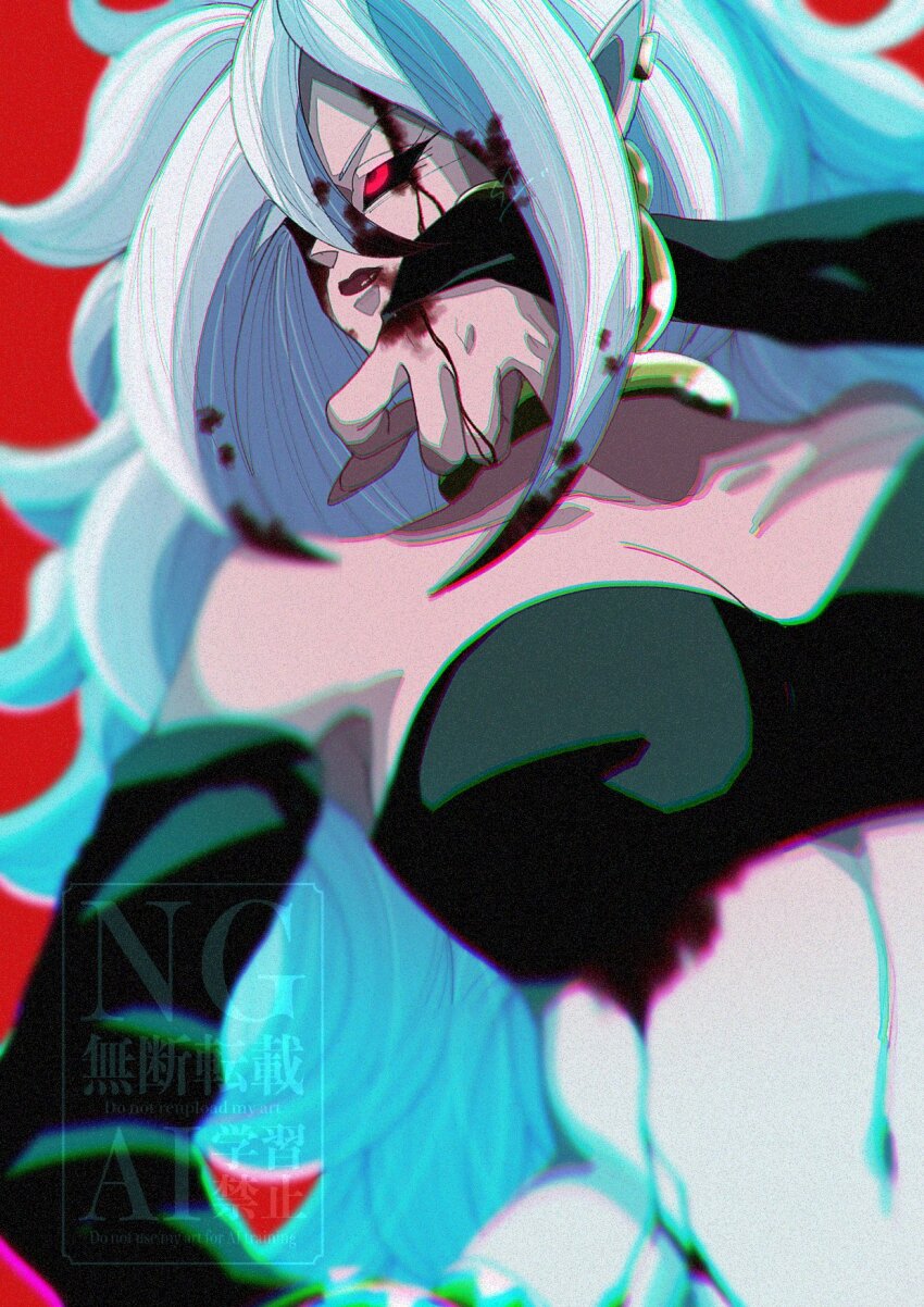 1girl, android_21, bare_shoulders, black_sclera, black_sleeves, black_tube_top, blood, blood_in_hair