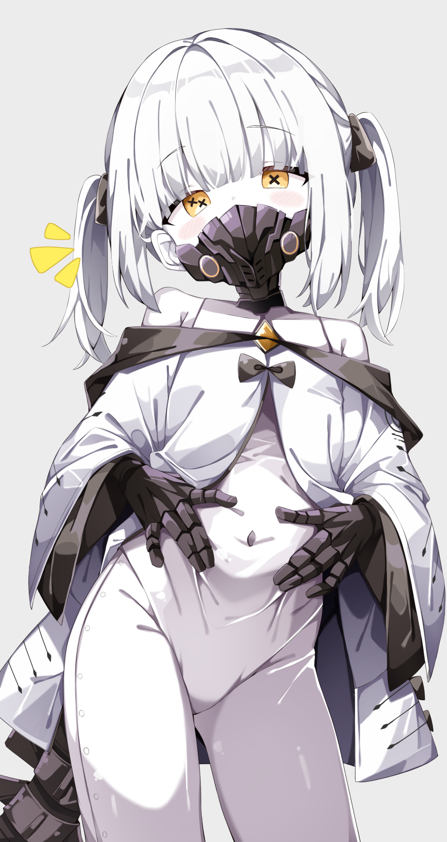 1girl, blue_archive, commentary_request, covered_navel, cowboy_shot, ein_(blue_archive), extra_pupils, grey_background, highres, loli, looking_at_viewer, mask, mechanical_arms, mechanical_tail, medium_hair, mouth_mask, navel, notice_lines, orange_eyes, paid_reward_available, sabana, solo, symbol-shaped_pupils, tail, twintails, white_hair, x-shaped_pupils