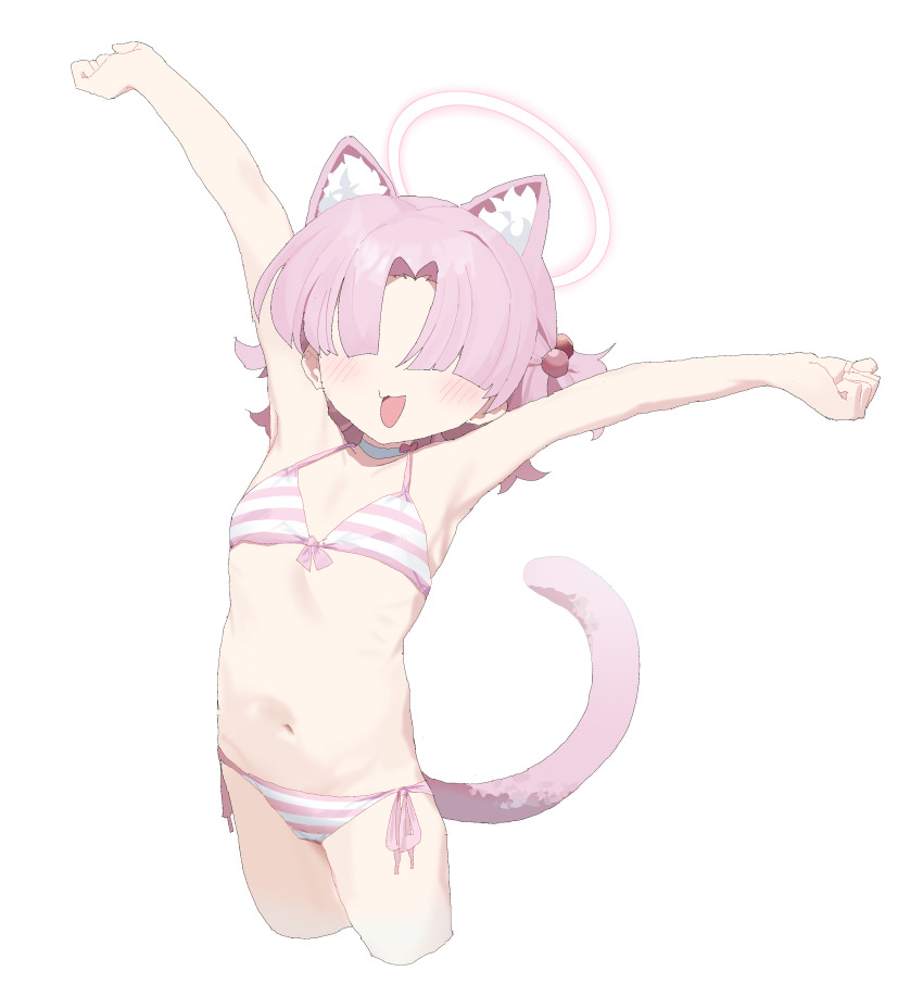1girl, absurdres, animal_ear_fluff, animal_ears, arms_up, bikini, blue_archive, cat_ears, cat_girl, cat_tail, chlorella_observation_club_member_(blue_archive), chlorella_observation_club_member_(swimsuit)_(blue_archive), commentary_request, cropped_legs, extra_ears, facing_viewer, flat_chest, front-tie_bikini_top, front-tie_top, fuyubone, hair_bobbles, hair_ornament, hair_over_eyes, halo, highres, loli, navel, open_mouth, pink_hair, pink_halo, short_hair, side-tie_bikini_bottom, solo, swimsuit, tail, two_side_up