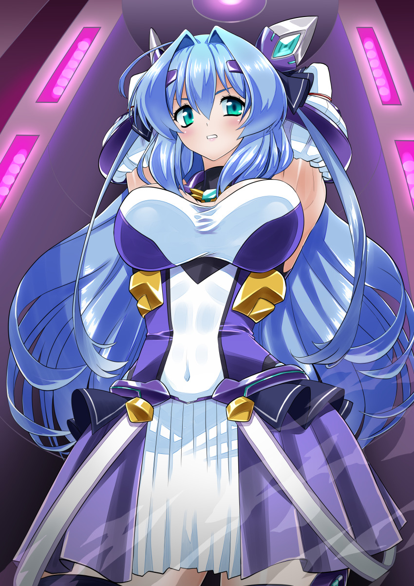 1girl, absurdres, aqua_eyes, armpits, arms_behind_head, arms_up, blue_hair, blush