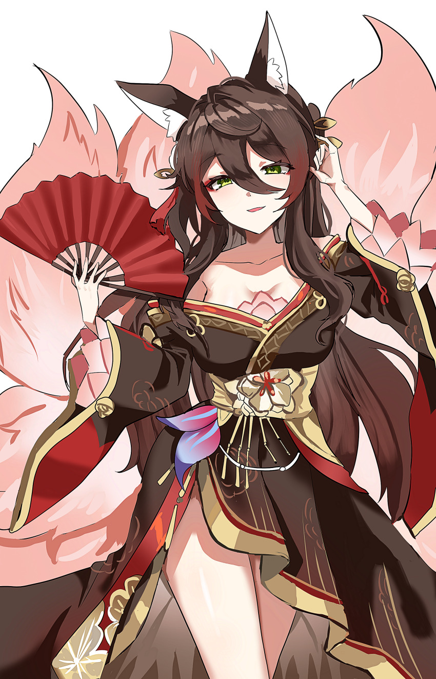 1girl, absurdres, animal_ear_fluff, animal_ears, asdff9919, black_robe, blush, breasts, brown_hair, brown_kimono, cleavage, fox_ears, fox_girl, fox_tail, fugue_(honkai:_star_rail), green_eyes, hair_between_eyes, hair_ornament, hand_fan, highres, holding, holding_fan, honkai:_star_rail, honkai_(series), japanese_clothes, kimono, kitsune, kyuubi, long_hair, looking_at_viewer, multiple_tails, off_shoulder, pink_tail, red_nails, robe, simple_background, smile, solo, tail, tingyun_(honkai:_star_rail), white_background, wide_sleeves
