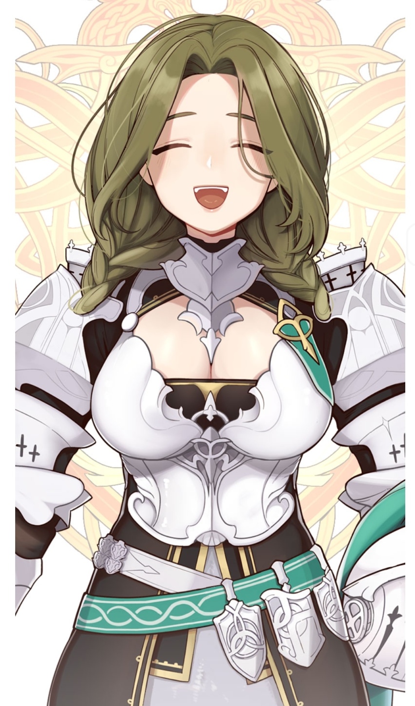 armor, braid, breasts, cleavage, green_hair, helmet, highres, holding, holding_unworn_helmet, iolar_(mabinogi), knight, large_breasts, low_twin_braids, mabinogi, official_art, smile, twin_braids, unworn_helmet