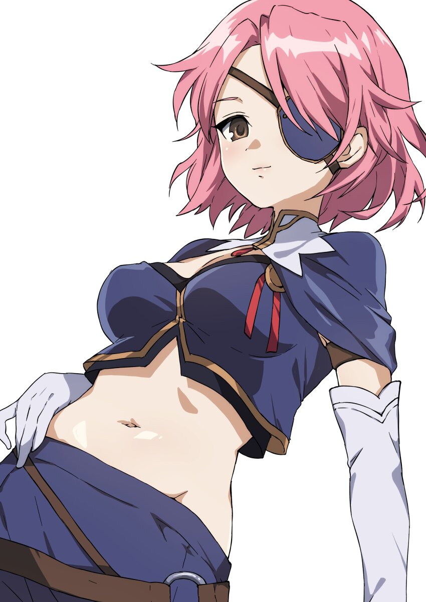1girl, absurdres, blue_capelet, blue_shirt, blue_skirt, breasts, brown_eyes, capelet, closed_mouth, commentary_request, cowboy_shot, elbow_gloves, eyepatch, gloves, hand_on_own_hip, highres, juni_(pixiv_112342583), looking_at_viewer, lynette_(rune_factory), medium_breasts, navel, pink_hair, rune_factory, rune_factory_1, shirt, short_hair, simple_background, skirt, smile, solo, standing, white_background, white_gloves