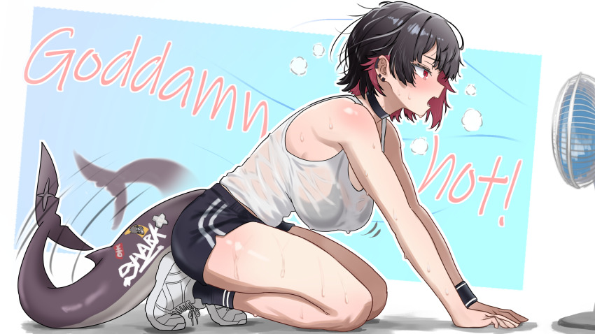 1girl, absurdres, afterimage, bamboo_tac, bare_shoulders, black_hair, blush, bra_visible_through_clothes, breasts, colored_inner_hair, commentary_request, electric_fan, ellen_joe, english_text, fins, fish_tail, from_side, highres, hot, large_breasts, motion_lines, multicolored_hair, open_mouth, pink_hair, red_eyes, see-through_clothes, shark_girl, shark_tail, shirt, short_hair, solo, sweat, tail, tank_top, very_sweaty, wet, wet_clothes, wet_shirt, zenless_zone_zero