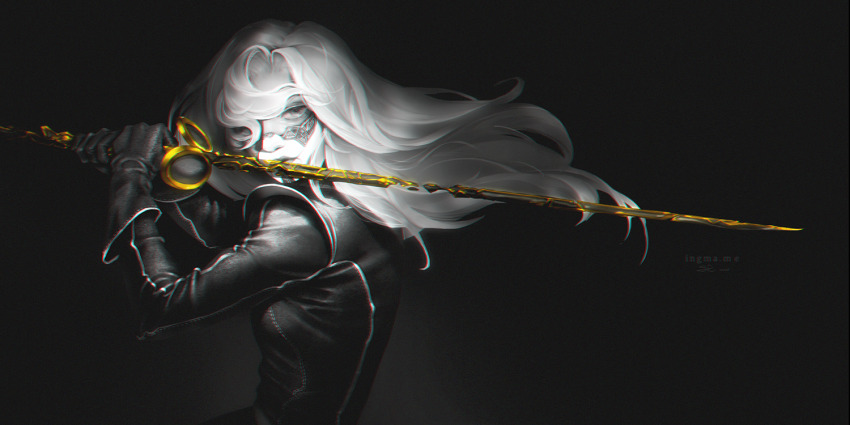 1girl, black_background, character_request, clair_obscur:_expedition_33, gloves, holding, holding_sword, holding_weapon, ingma, long_hair, long_sleeves, rapier, simple_background, solo, spot_color, sword, weapon, white_hair