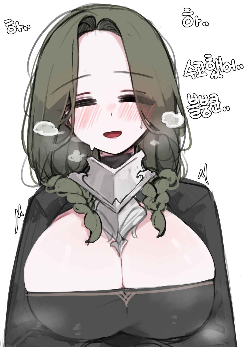 1girl, absurdres, black_dress, blush, breasts, cleavage, dress, green_hair