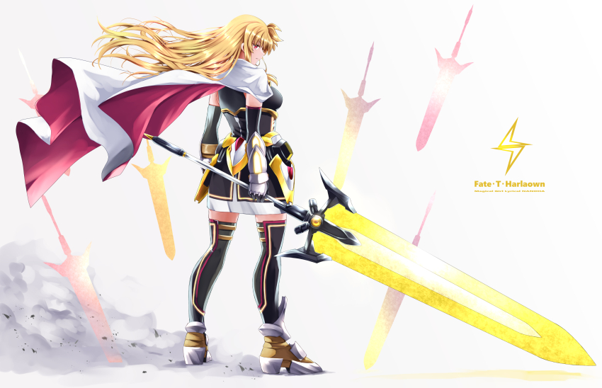 1girl, bardiche_(blitz_saber_form)_(nanoha), bardiche_(nanoha), black_dress, black_thighhighs, blonde_hair, boots, cape