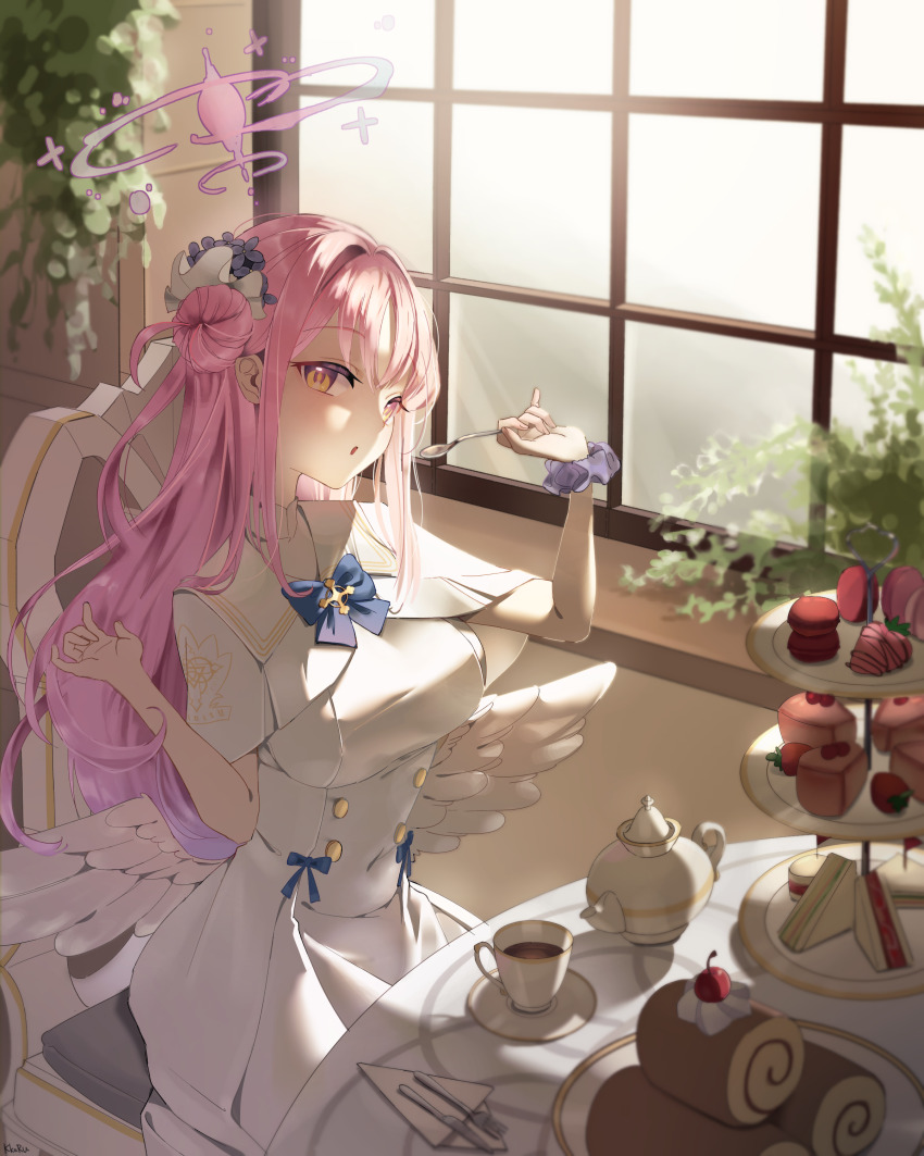 1girl, absurdres, blue_archive, blue_bow, blush, bow, capelet, dress