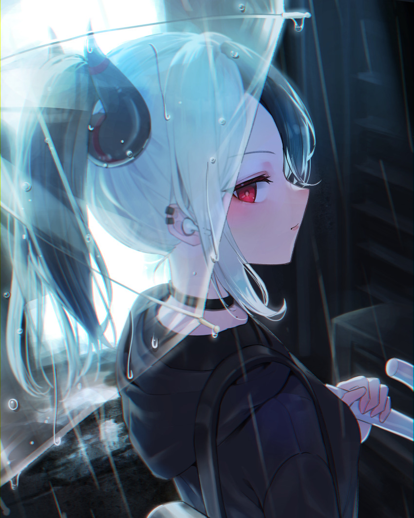 1girl, absurdres, bag, black_bag, black_choker, black_hair, black_hoodie, blue_archive