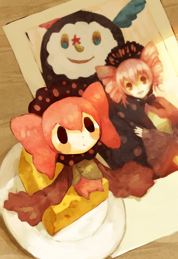 10s, 1girl, charlotte_(madoka_magica), cheese, drill_hair, echoes_(artist), echoes_(cassandratree), food