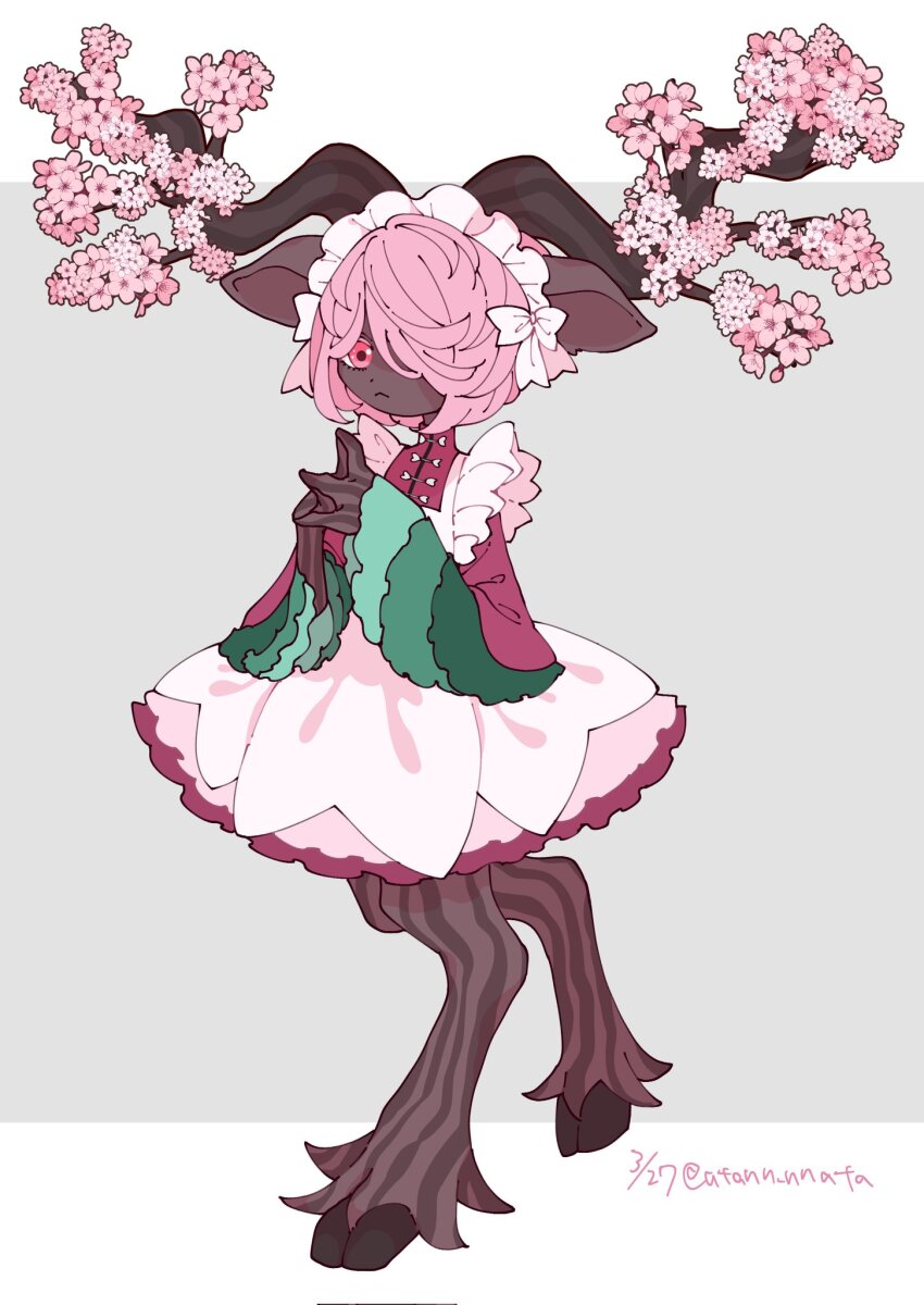 1girl, :<, animal_ears, animal_feet, antlers, artist_name, atann_nnata, barefoot