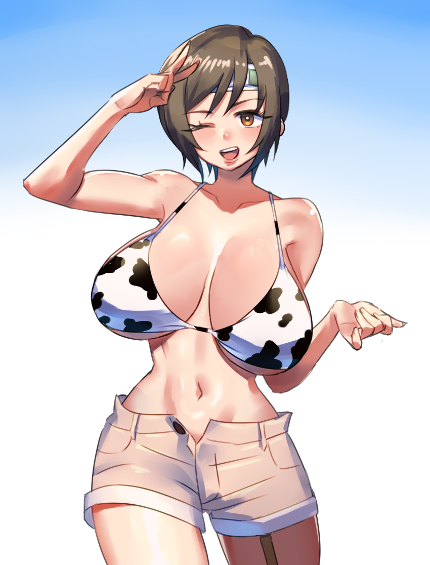1girl, absurdres, alternate_breast_size_(larger), animal_print, bikini, bikini_top_only, blue_background, breasts