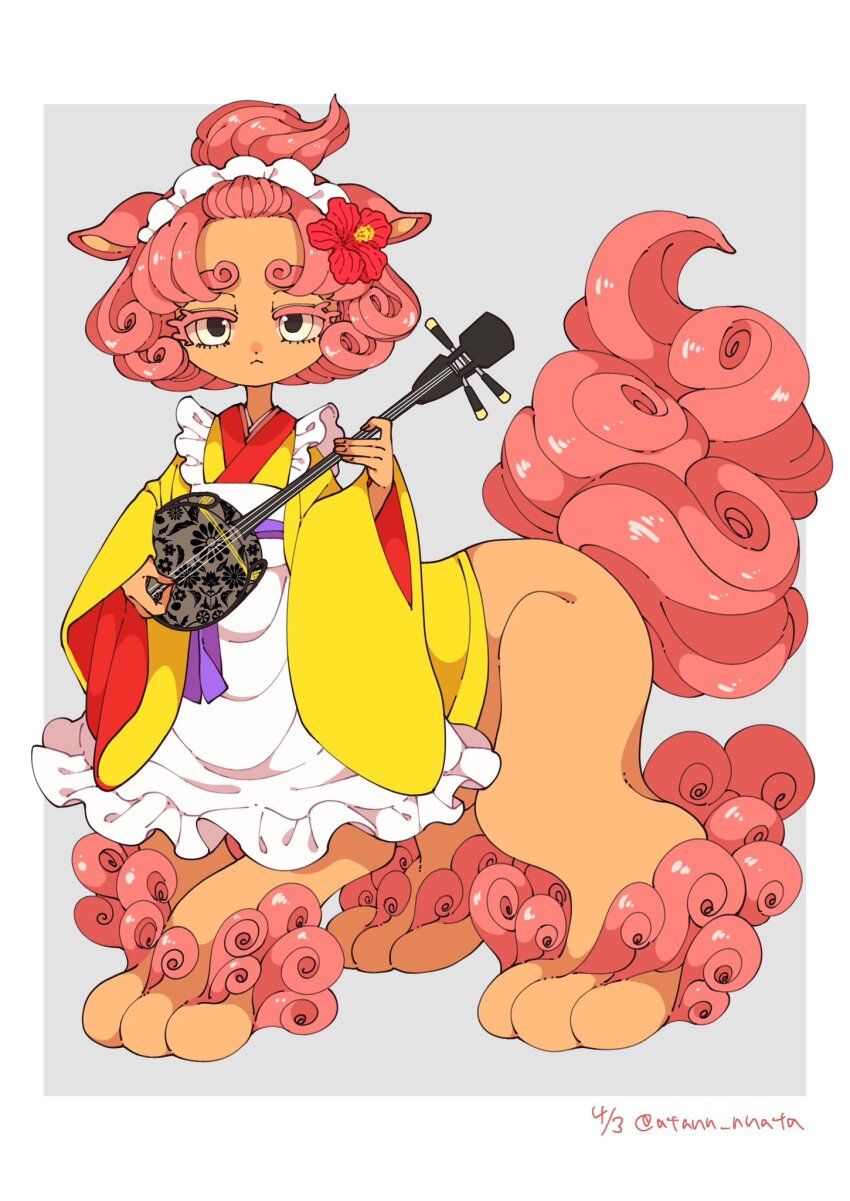 1girl, :<, animal_ears, apron, artist_name, atann_nnata, centauroid, closed_mouth, colored_skin, commentary, curly_hair, dated, floral_print, frilled_apron, frills, highres, instrument, japanese_clothes, kimono, looking_at_viewer, monster_girl, music, orange_skin, original, playing_instrument, red_fur, red_hair, red_tail, sanxian_(instrument), short_hair, solo, standing, tail, taur, thick_eyebrows, topknot, twitter_username, white_apron, white_eyes, wide_sleeves, yellow_kimono