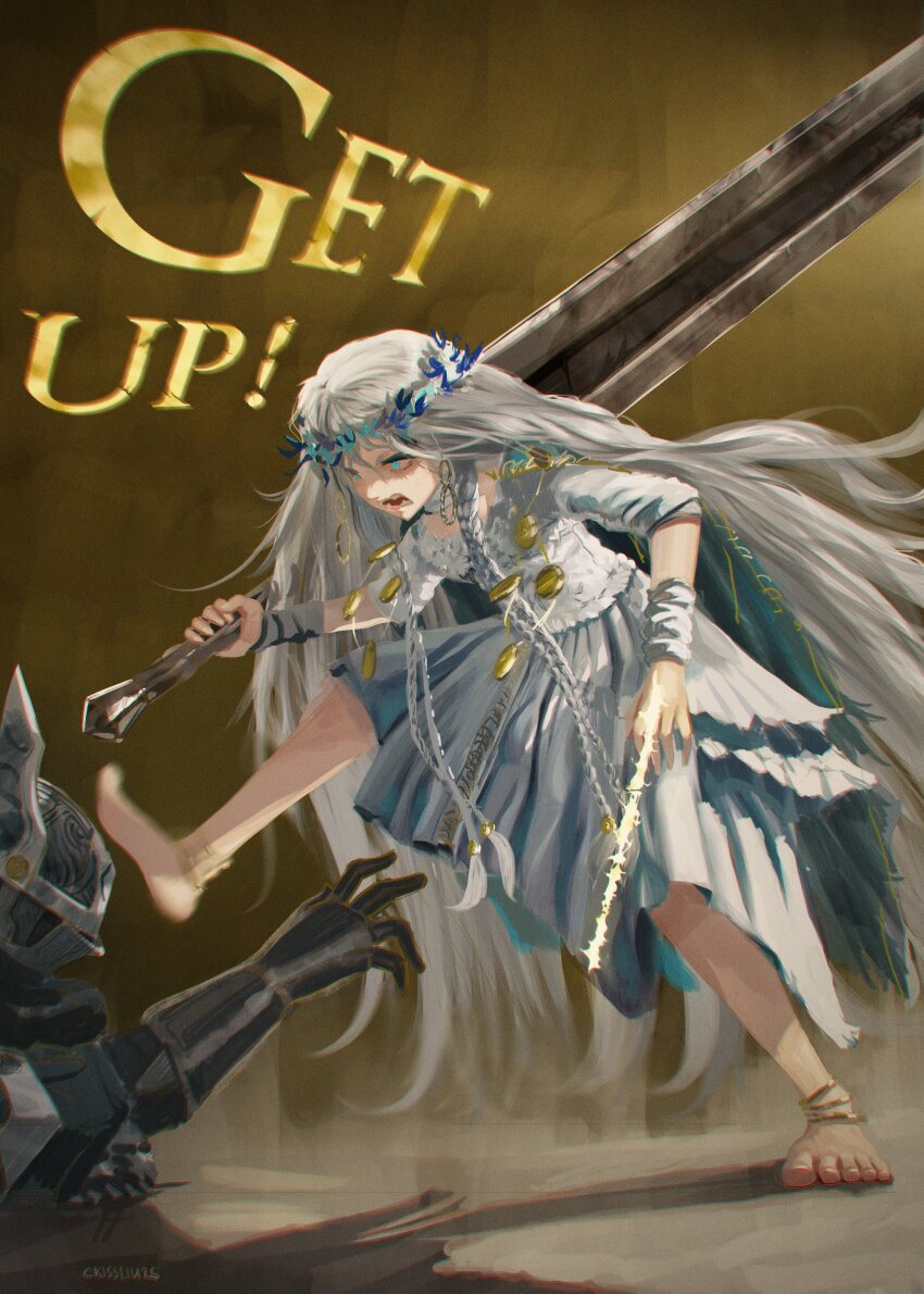 absurdres, anklet, barefoot, blue_cape, blue_eyes, braid, cape, crisslioo, elden_ring, elden_ring_nightreign, english_text, flower_wreath, gameplay_mechanics, gauntlets, gold_trim, head_wreath, helmet, highres, holding, holding_sword, holding_weapon, jewelry, joints, long_hair, low_twin_braids, lying, on_stomach, over_shoulder, revenant_(elden_ring), signature, simple_background, sword, twin_braids, veil, weapon, weapon_over_shoulder, white_hair, white_veil, winged_helmet, wylder_(elden_ring)