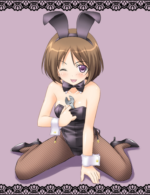 00s, 1girl, animal_ears, bow, bowtie, brown_hair, cuffs, fake_animal_ears