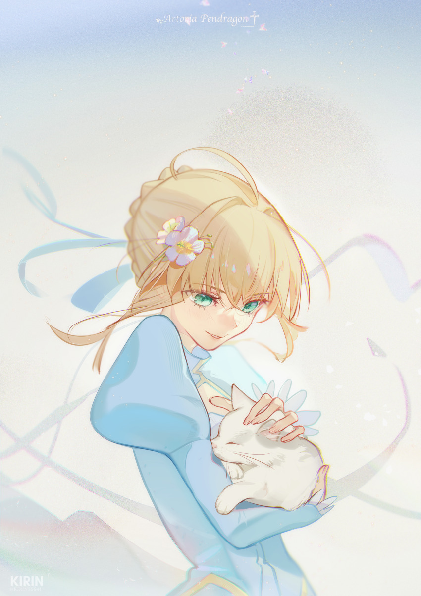 1girl, absurdres, ahoge, animal, artist_name, artoria_pendragon_(fate), blonde_hair, blue_dress