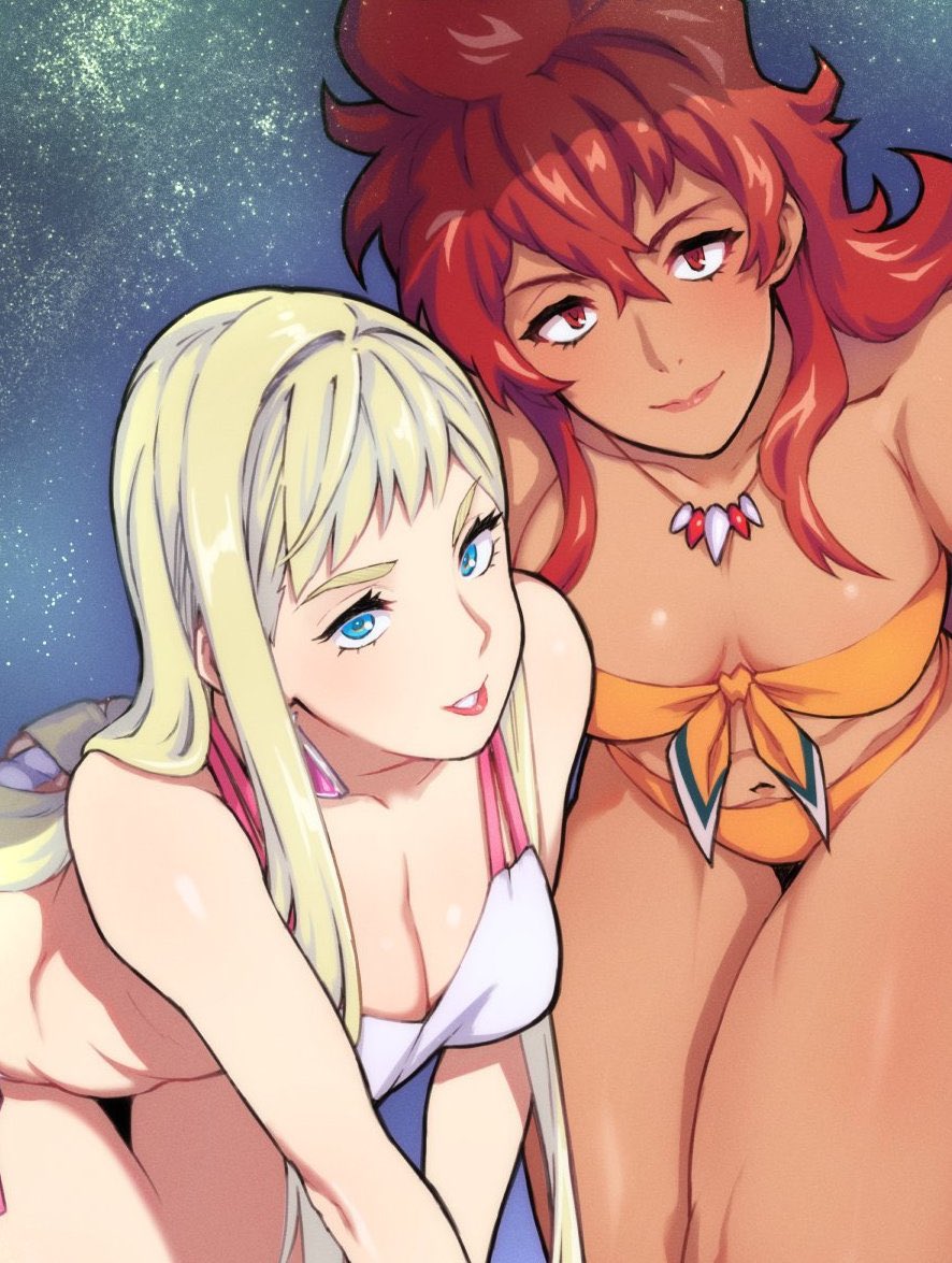 2girls, bikini, blonde_hair, blue_eyes, breasts, cleavage, collarbone, commentary_request, dark-skinned_female, dark_skin, earrings, emerelda_zubin, gigi_andalusia, gundam, gundam:_hathaway's_flash, hori_shin, jewelry, multiple_girls, navel, necklace, orange_bikini, red_eyes, red_hair, small_breasts, solo, swimsuit, white_bikini