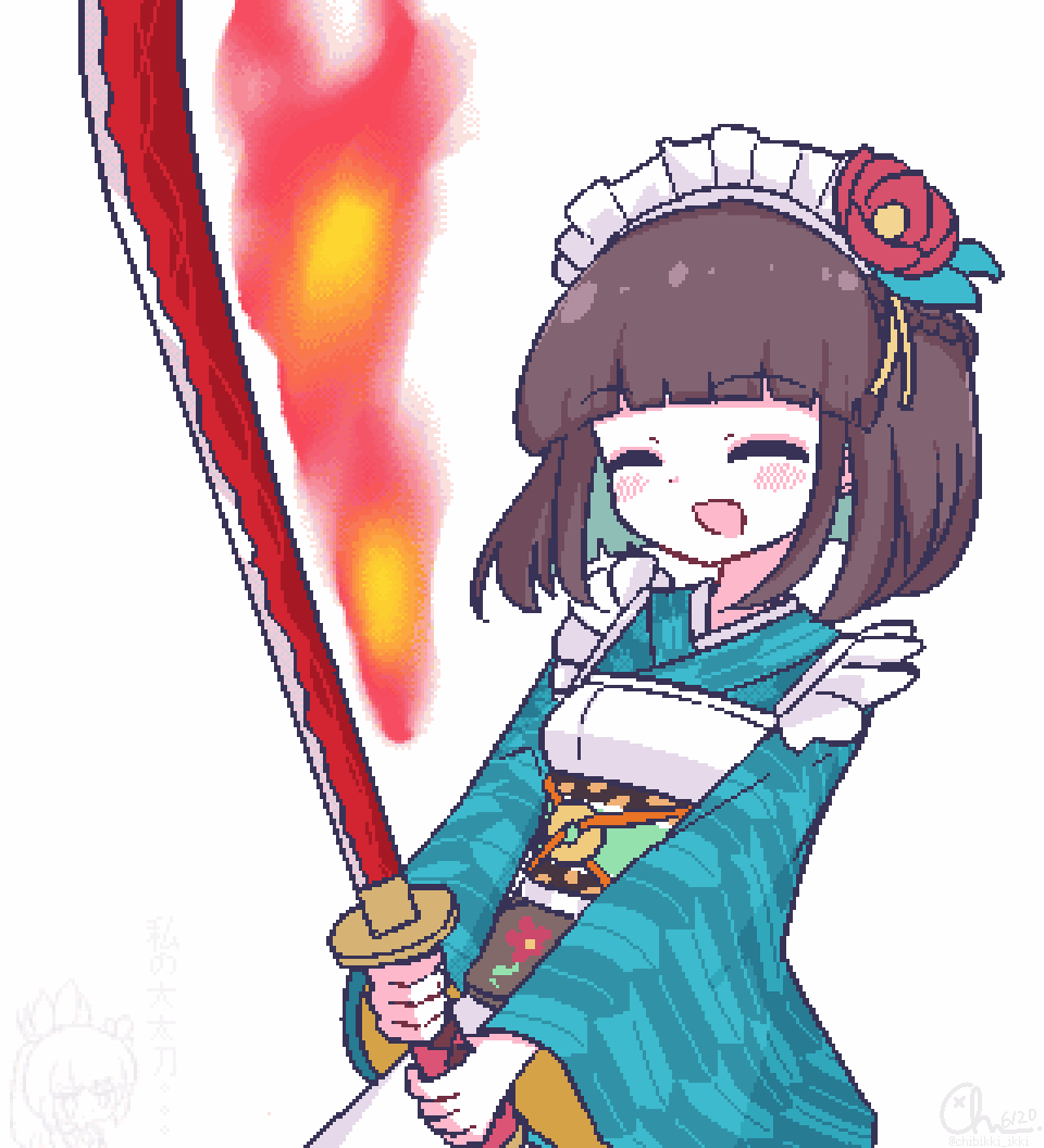 2girls, :d, ^_^, apron, blunt_bangs, blush, brown_hair, chibikki