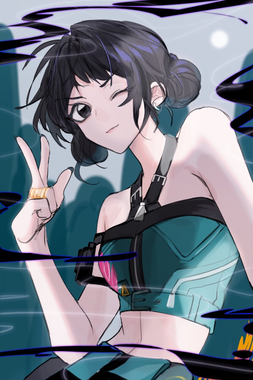 1girl, absurdres, bare_shoulders, black_eyes, black_hair, black_nails, blurry, blurry_background, closed_mouth, crop_top, double_bun, earrings, hair_bun, halterneck, hayu_beck, highres, jewelry, kpop_demon_hunters, light_smile, looking_at_viewer, one_eye_closed, short_bangs, short_hair, solo, upper_body, w, zipper, zoey_(kpop_demon_hunters)