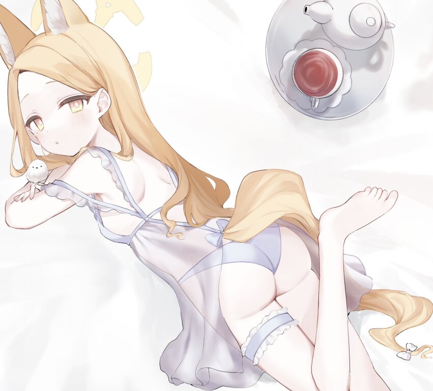 1girl, animal_ear_fluff, animal_ears, ao_(mintz), ass, bird, blonde_hair, blue_archive, blush, cross_halo, cup, ear_wreath, extra_ears, forehead, fox_ears, fox_girl, fox_tail, gradient_eyes, halo, highres, loli, long_hair, looking_at_viewer, looking_back, lying, multicolored_eyes, on_back, on_stomach, panties, saucer, see-through_clothes, seia_(blue_archive), solo, tail, tea, teacup, tit_(bird), underwear, very_long_hair, wedgie, white_bird, yellow_eyes, yellow_halo